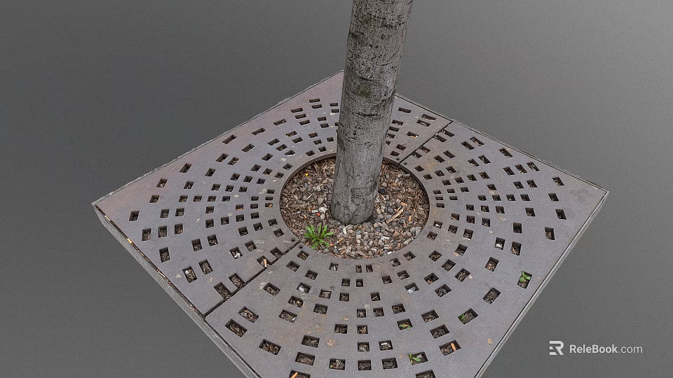 Tree Surrounding Partition with Square Perforated Metal Plate Holes and Small Plants Mulch Base 3d model 