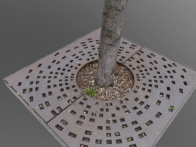 Tree Surrounding Partition with Square Perforated Metal Plate Holes and Small Plants Mulch Base 3d model