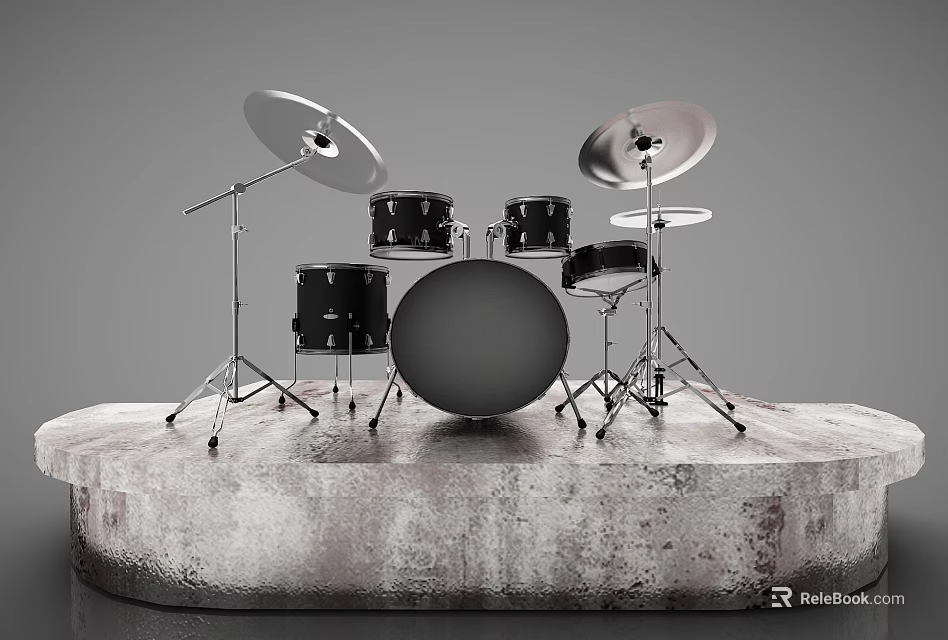 Black Drum Set With Cymbals And Metal Stands On Stone Display Platform 3d model 