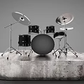 Black Drum Set With Cymbals And Metal Stands On Stone Display Platform