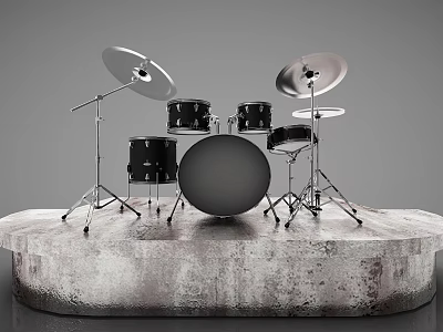 Black Drum Set With Cymbals And Metal Stands On Stone Display Platform 3d model