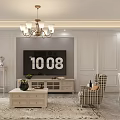 Elegant Living And Dining Room With Chandelier Dining Table Sofa And Decorative Paintings