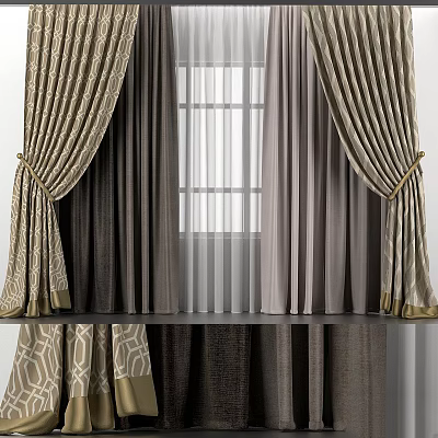 Elegant Patterned Curtains In Beige Gray With Sheer Lining And Tiebacks For Window Decor 3d model