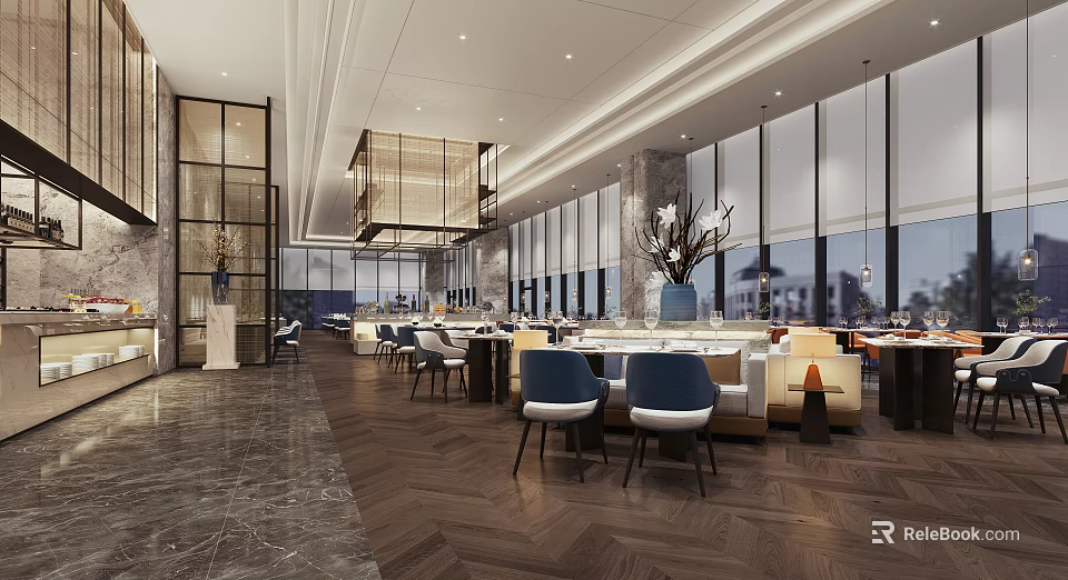 Elegant Modern Restaurant Interior With Large Windows Herringbone Wooden Flooring And Blue Chairs 3d model 