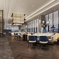 Elegant Modern Restaurant Interior With Large Windows Herringbone Wooden Flooring And Blue Chairs