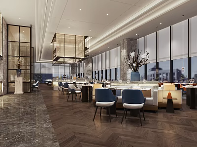 Elegant Modern Restaurant Interior With Large Windows Herringbone Wooden Flooring And Blue Chairs 3d model