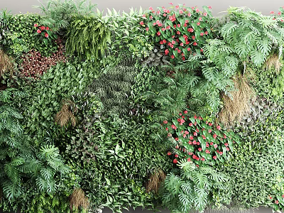 Living Plant Wall With Diverse Green Plants And Red Flowers For Indoor Decor 3d model