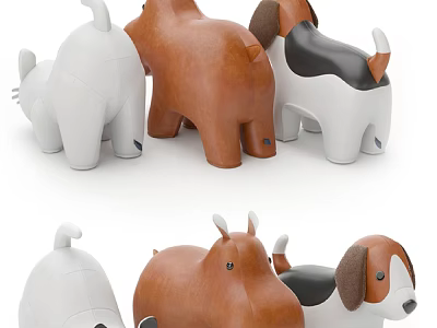 Soft Plush Stuffed Animal Toys In White Brown Black White Dog Bear Shapes 3d model