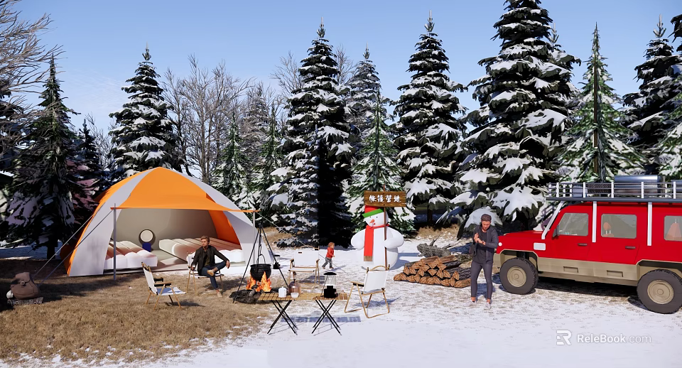 Snowy Winter Camping Site With Orange Tent Bonfire Snowman Pine Trees And Red Truck 3d model 