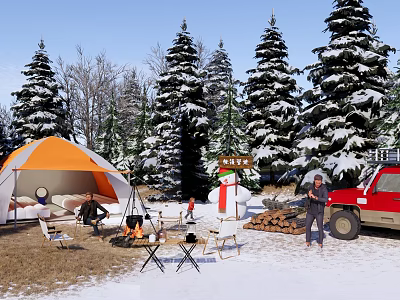 Snowy Winter Camping Site With Orange Tent Bonfire Snowman Pine Trees And Red Truck 3d model