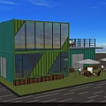 Modern Container Office With Green Blue Exterior Large Windows Terrace Outdoor Seating And Plants