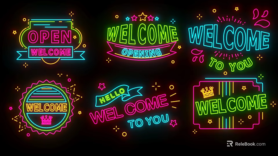 Colorful Neon Decorative Lights With Welcome Open Hello Signs Star And Crown Patterns 3d model 