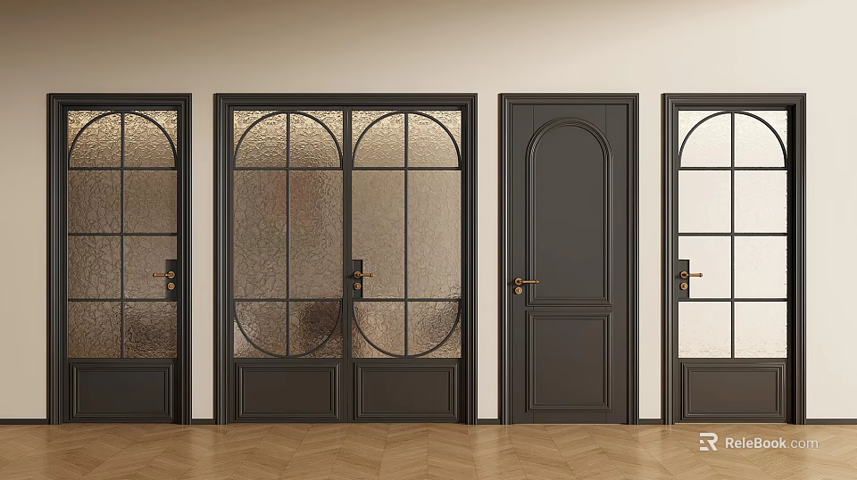 Modern Black Swing Doors With Glass Panels And Solid Panel Designs 3d model 