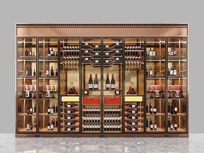 Elegant Modern Wine Cabinet With Glass Doors Gold Tone Frame And Multiple Wine Shelves 3d model