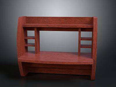 Red Wooden Bookshelf With Multiple Shelves And Lower Tabletop For Home Furniture 3d model