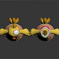 Cartoon Yellow Chicken Characters In Striped Vests White Pants Pink Hats Holding Hands