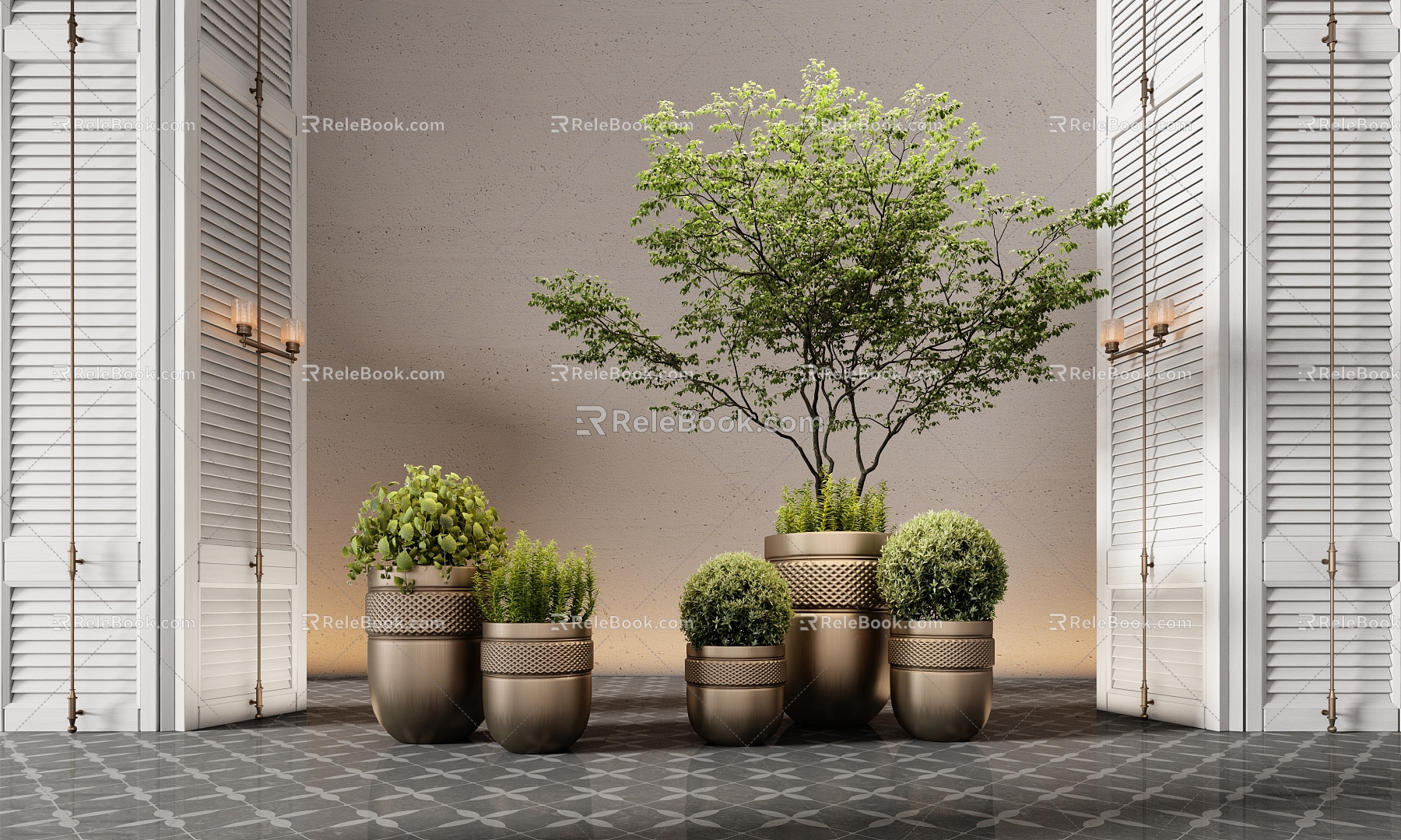 Modern hotel moss ball potted plant green plant bonsai flower pot indoor tree 3d model