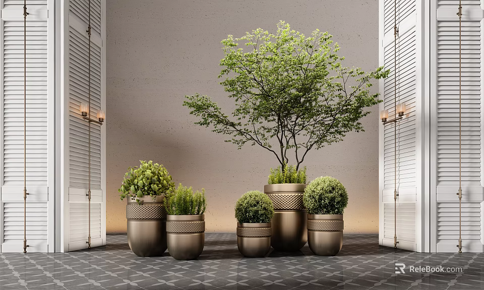 Elegant Indoor Potted Plants In Multiple Bronze Pots With Green Foliage Shutter Doors And Wall Sconces 3d model 