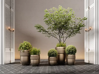 Elegant Indoor Potted Plants In Multiple Bronze Pots With Green Foliage Shutter Doors And Wall Sconces 3d model