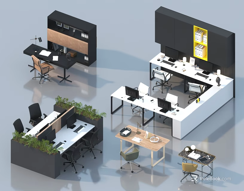 Modern Office Desk Furniture Setup With Ergonomic Chairs Computers Green Plants And Storage Cabinets 3d model 
