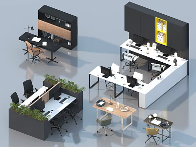 Modern Office Desk Furniture Setup With Ergonomic Chairs Computers Green Plants And Storage Cabinets 3d model