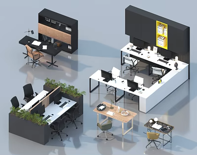 Modern Office Desk Furniture Setup With Ergonomic Chairs Computers Green Plants And Storage Cabinets 3d model