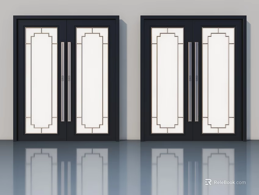 Pair Of Modern Swing Doors With Black Frames Glass And Geometric Patterns 3d model