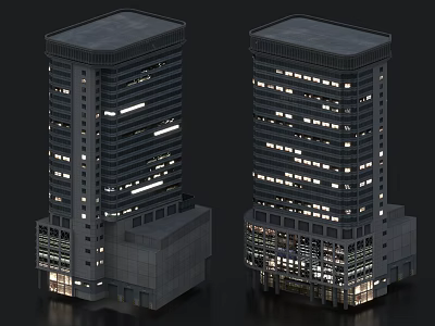 Two Modern Tall Office Buildings With Illuminated Glass Windows And Base Facade Lights 3d model