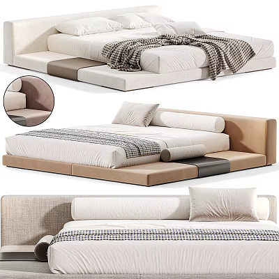Modern Double Bed Design With Upholstered Headboard Soft Mattress And Striped Bedding 3d model