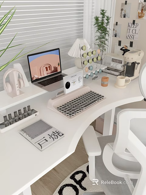 Modern Laptop Setup on White Desk with Headphones Keyboard Plants and Decorative Items 3d model 