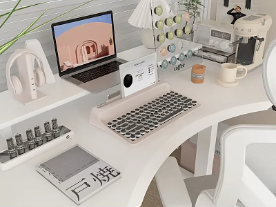 Modern Laptop Setup on White Desk with Headphones Keyboard Plants and Decorative Items 3d model