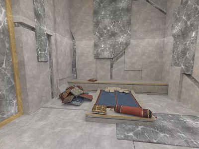 Minimalist Modern Interior Furniture With Gray Marble Floor And Daybed With Blue Red Cushions 3d model