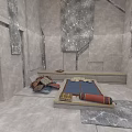 Minimalist Modern Interior Furniture With Gray Marble Floor And Daybed With Blue Red Cushions