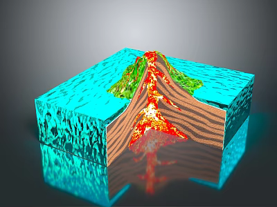Cartoon Volcano Scene With Cross Section Lava Flow Green Vegetation And Blue Ocean 3d model