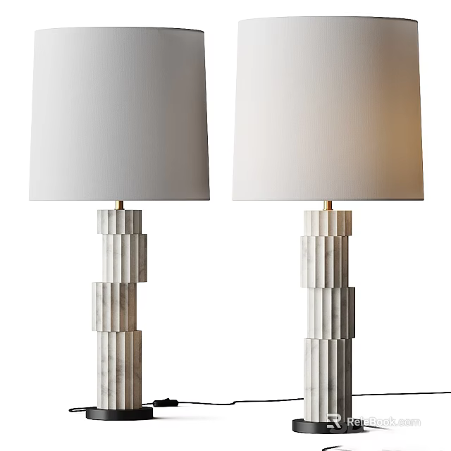Two Modern Table Lamps With White Lamp Shades And Stacked Marble Block Bases 3d model 