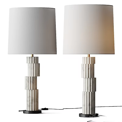 Two Modern Table Lamps With White Lamp Shades And Stacked Marble Block Bases 3d model