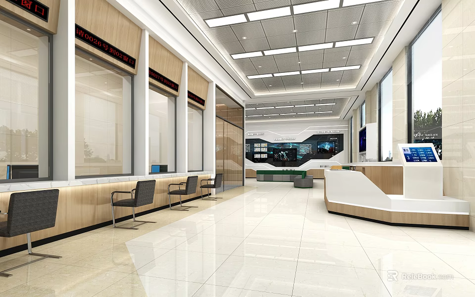 Modern Service Hall Interior Design With Service Counters And Waiting Area 3d model 