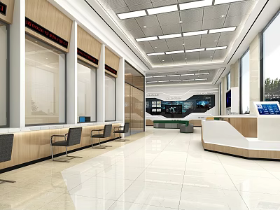 Modern Service Hall Interior Design With Service Counters And Waiting Area 3d model