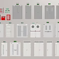 Various Types of Fire Safety Doors with Emergency Exit Signs and Fire Extinguishers
