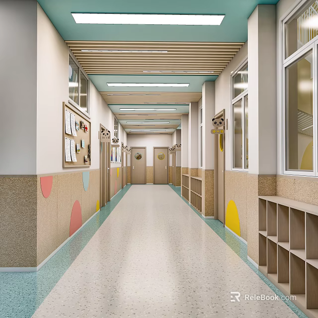 Elevator Corridor With Wooden Ceiling Slats Recessed Lighting Colorful Wall Dots And Storage Shelves 3d model 
