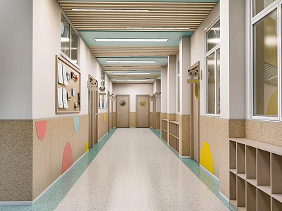 Elevator Corridor With Wooden Ceiling Slats Recessed Lighting Colorful Wall Dots And Storage Shelves 3d model