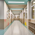 Elevator Corridor With Wooden Ceiling Slats Recessed Lighting Colorful Wall Dots And Storage Shelves
