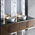 Elegant Bathroom Vanity With Double White Washbasins Golden Faucets Marble Wall And Wooden Cabinet