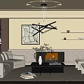 Modern Living Room Interior Featuring Light Colored Sofa Fireplace Artwork Coffee Table And Chandelier