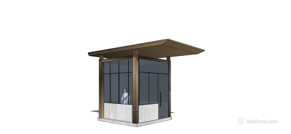 Modern Security Booth With Glass Walls Metal Frame Roof And Person Inside 3d model 