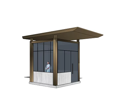 Modern Security Booth With Glass Walls Metal Frame Roof And Person Inside 3d model