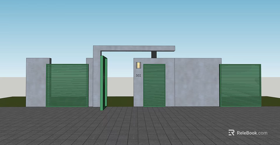 Modern Entrance Gate With Green Roller Shutters And Gray Walls On Paved Ground 3d model 