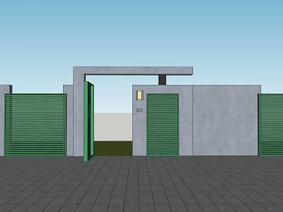 Modern Entrance Gate With Green Roller Shutters And Gray Walls On Paved Ground 3d model