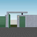 Modern Entrance Gate With Green Roller Shutters And Gray Walls On Paved Ground
