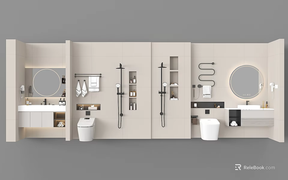 Modern Bathroom Vanity Design With Round Mirror And Storage Cabinets 3d model